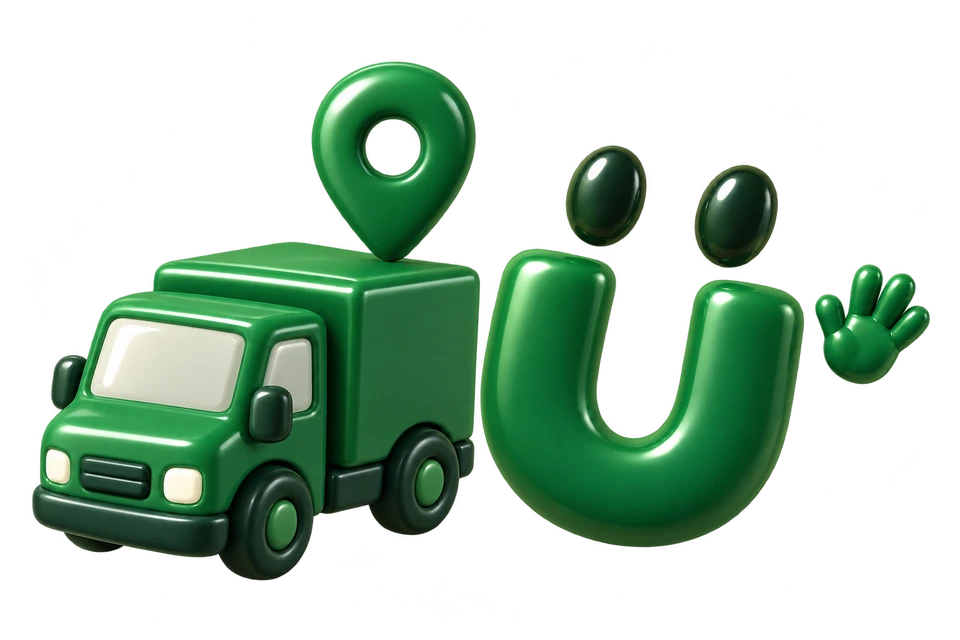 Ü mascot beside a delivery truck and location pin
