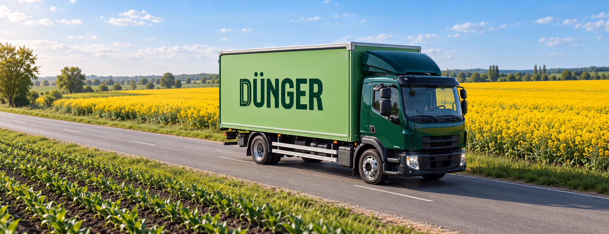 Green truck bearing the DÜNGER name on a road through farmland
