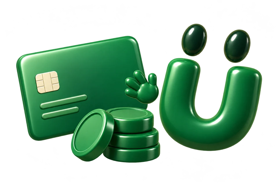 Ü mascot beside a bank card and coins